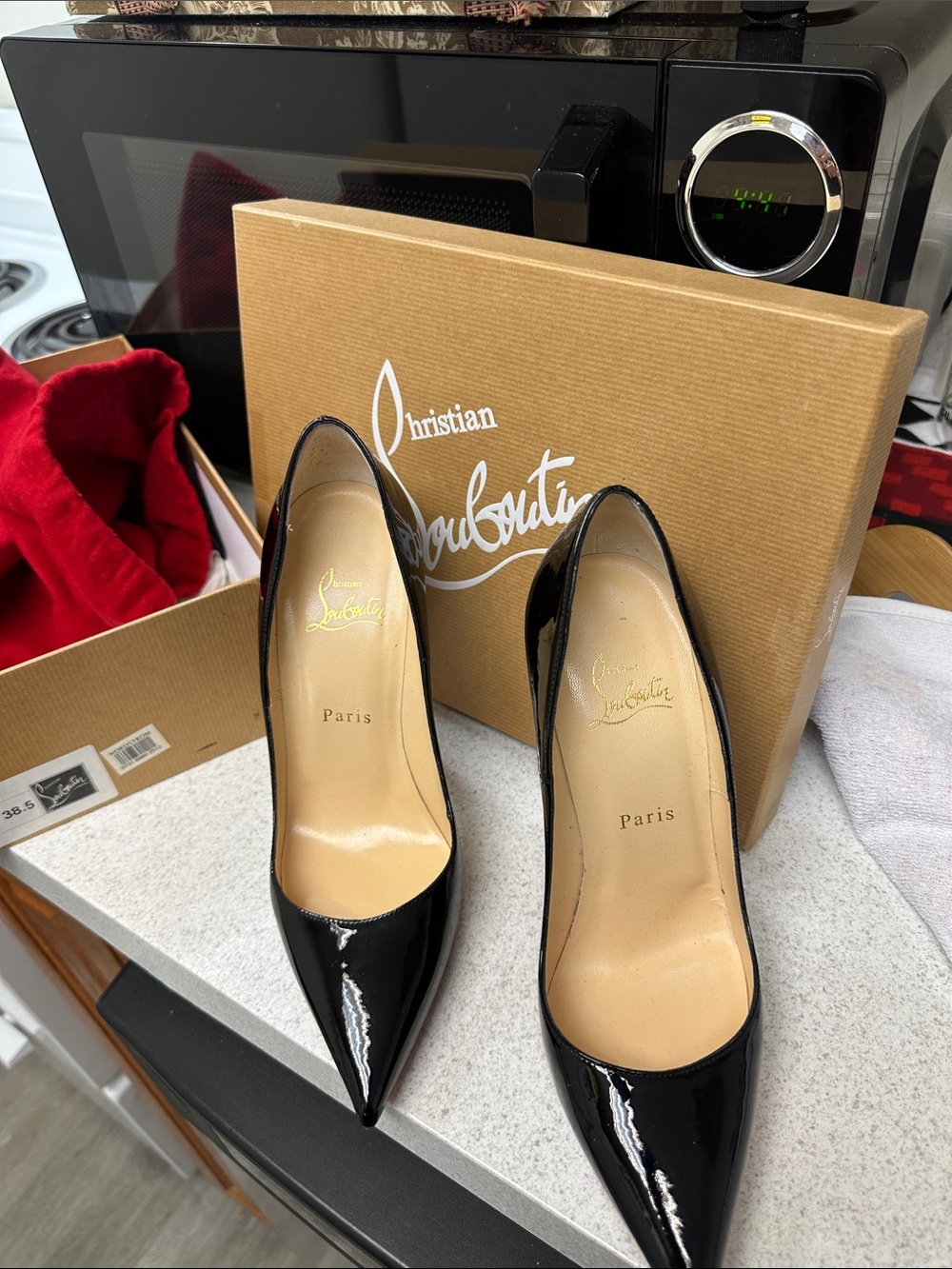 Christian Louboutin Black Patent Pointed Toe Pumps with Signature Insole